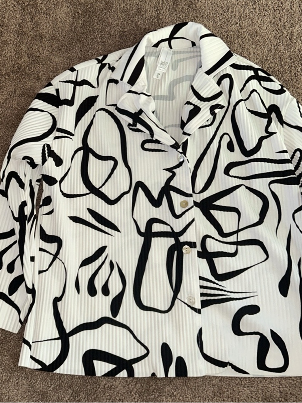 Abstract Black & White Pleated Women's Button Front Blouse